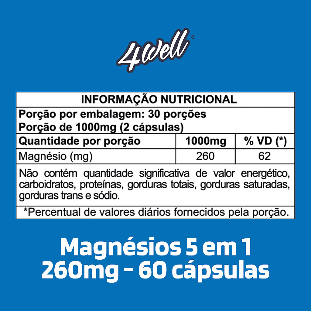 Magnésios 5 em 1 260mg 60 Cápsulas 30 Doses | 4well