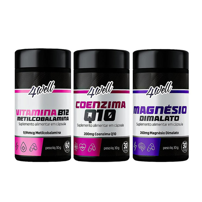 Kit Antifadiga Crônica Coenzima Q10 + Magnésio Malato + Vitamina B12 | 4well