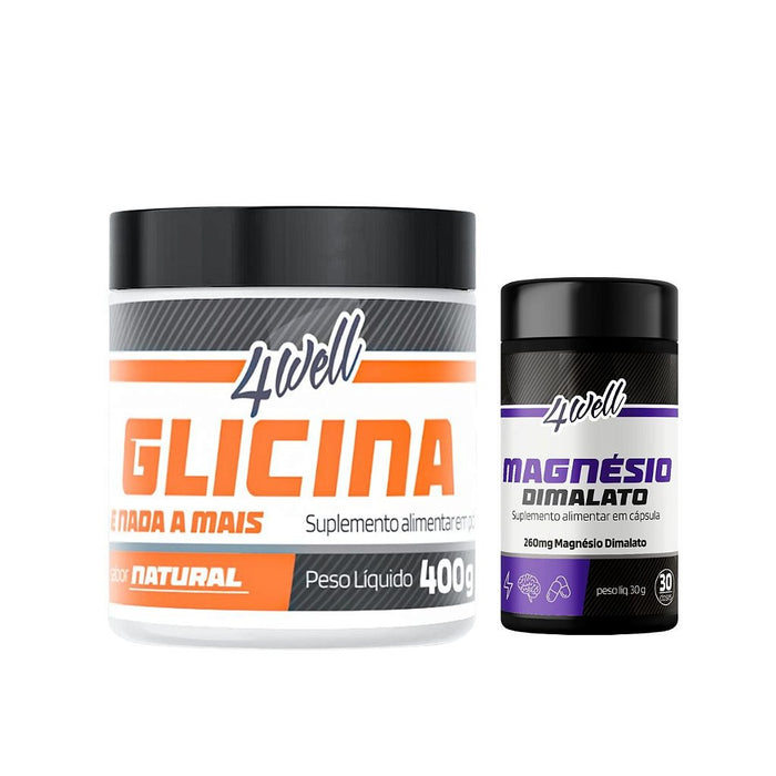 Kit Glicina em Pó 400g Pote + Magnésio Dimalato 60 Cápsulas | 4well
