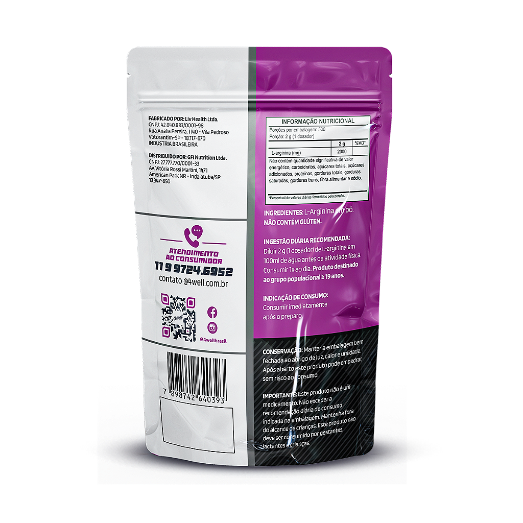 L-Arginina de 500g a 1 Kg 100% Pura Importada | 4well