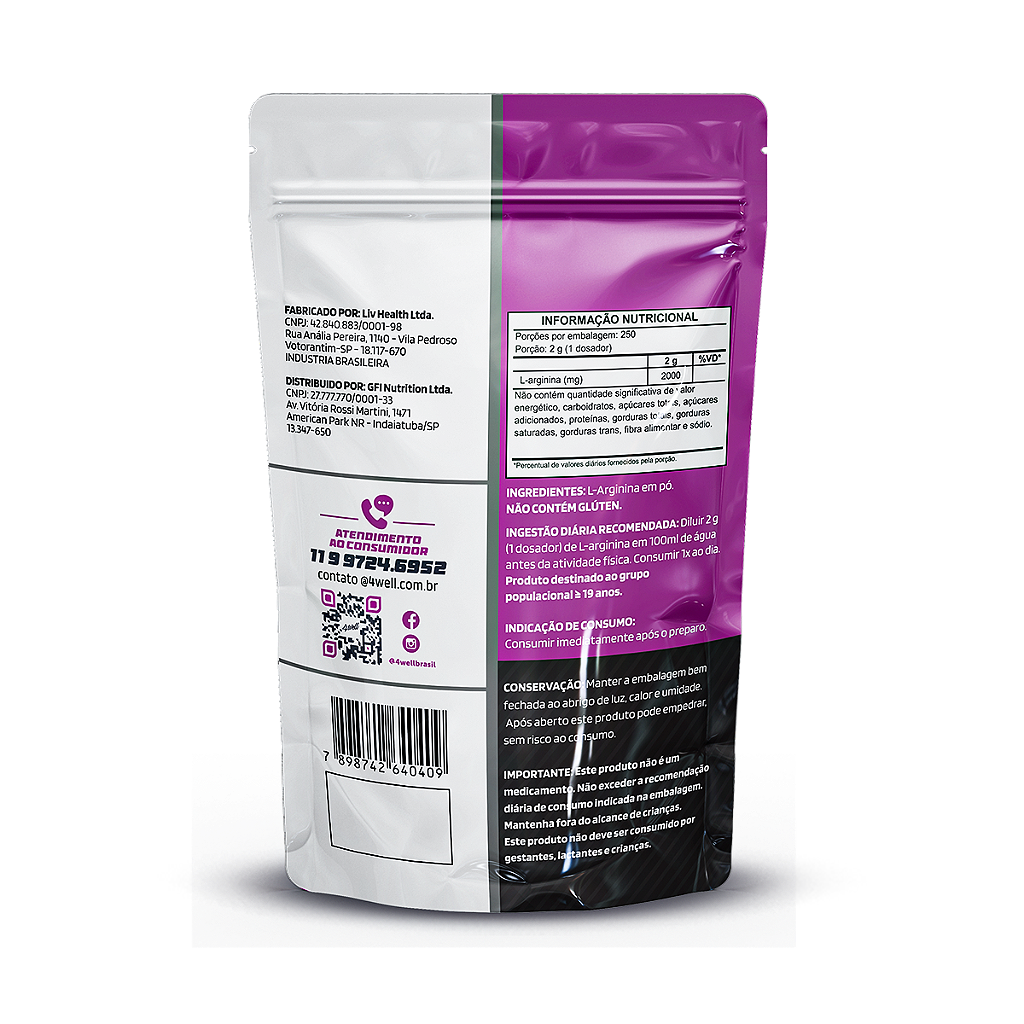 L-Arginina de 500g a 1 Kg 100% Pura Importada | 4well