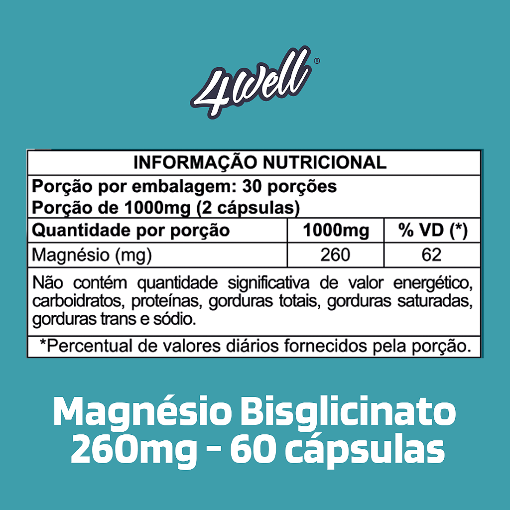 Magnésio Bisglicinato 260mg 60 Cápsulas 30 Doses | 4well