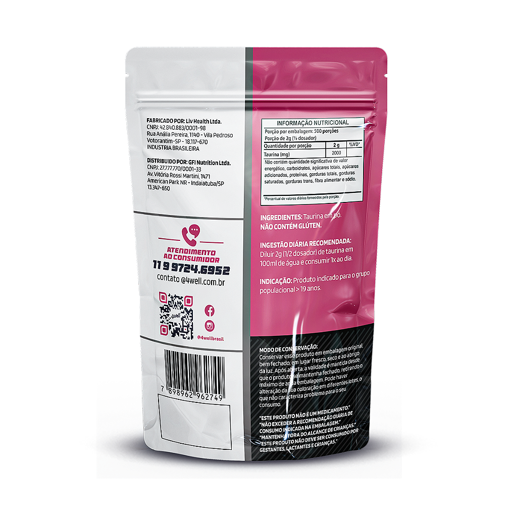 Taurina de 500g a 1Kg 100% Pura Importada | 4well