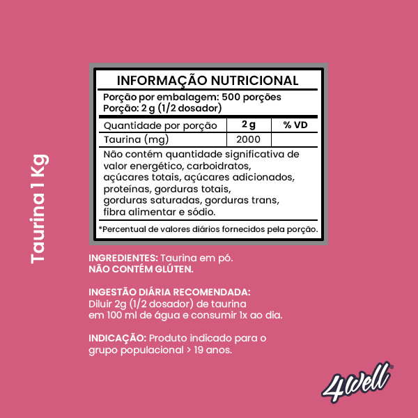 Taurina de 500g a 1Kg 100% Pura Importada | 4well