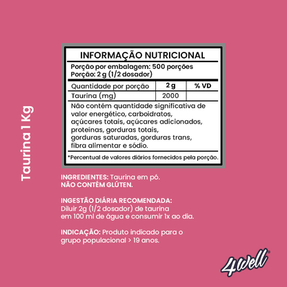 Taurina de 500g a 1Kg 100% Pura Importada | 4well