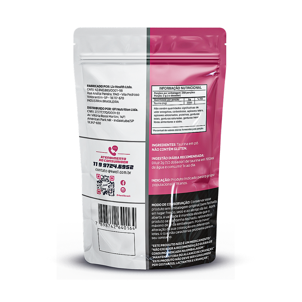 Taurina de 500g a 1Kg 100% Pura Importada | 4well