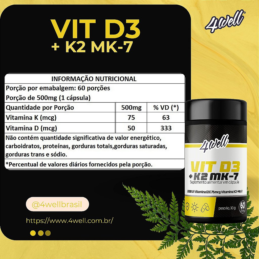 Vitamina D3 (Colecalciferol 2.000ui) + K2 (Menaquinona-7) 60 Cápsulas | 4well