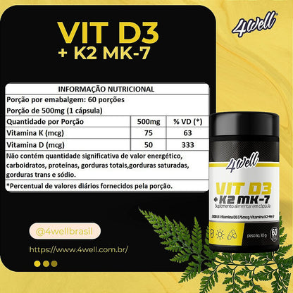 Vitamina D3 (Colecalciferol 2.000ui) + K2 (Menaquinona-7) 60 Cápsulas | 4well